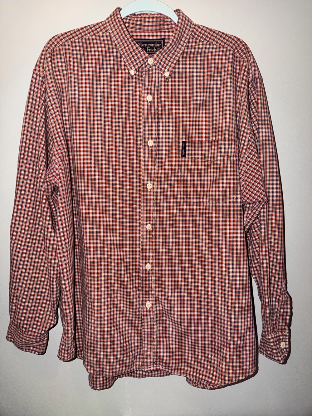 90s Abercrombie & Fitch 100% cotton Men's Red and White Check Button-Down Shirt